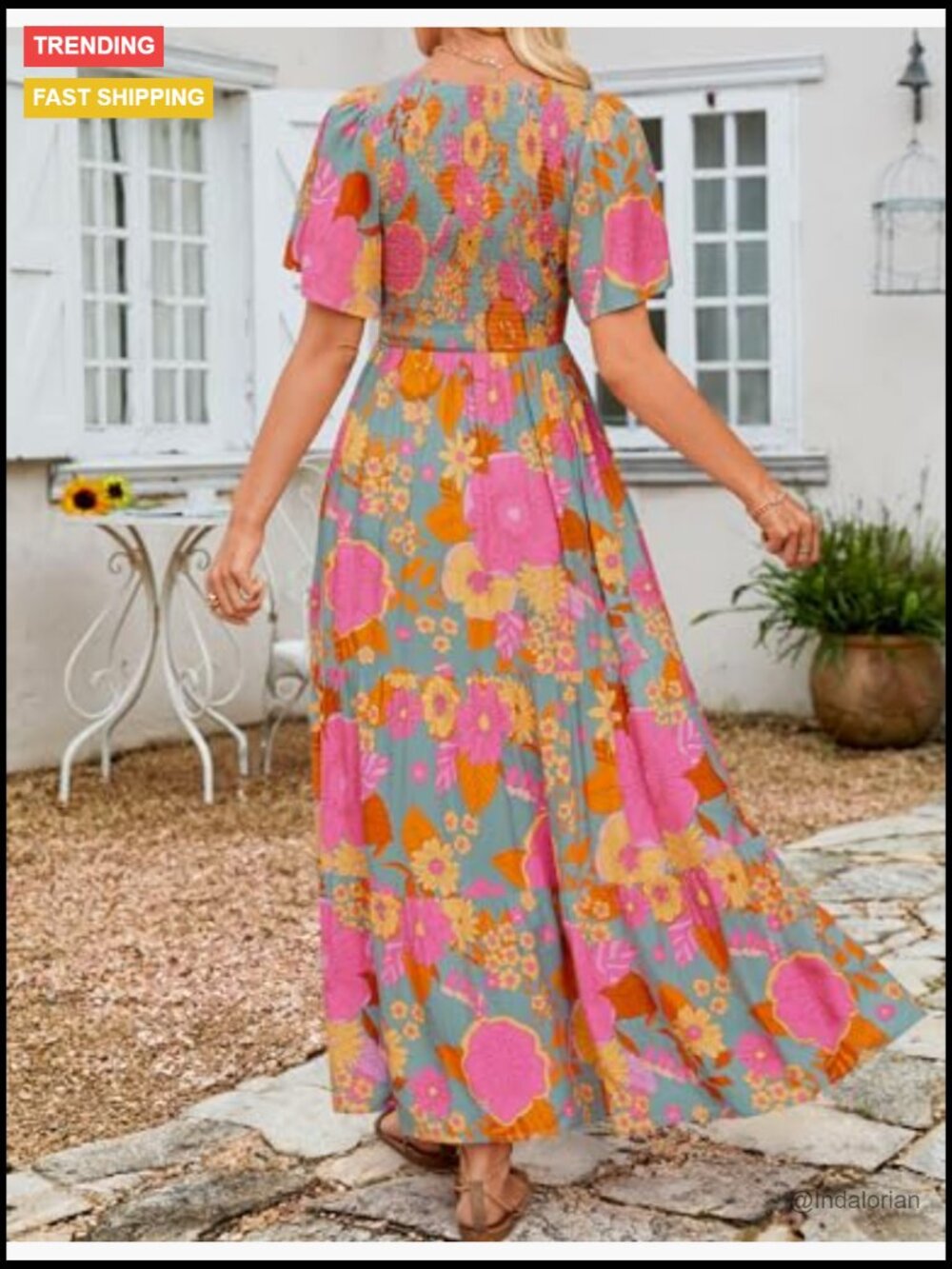 Boho Floral Maxi Dress with Flutter Sleeve, Smocked Bodice, Tiered Skirt - Picture 5 of 7